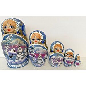 5 Russian Nesting Doll winter snow flowers iridescent blue Matryoshka hand paint